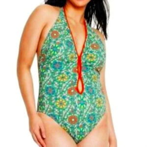 Women's Zinnia Floral Print Halter High Leg Cheeky One Piece Swimsuit - RHODE 4X